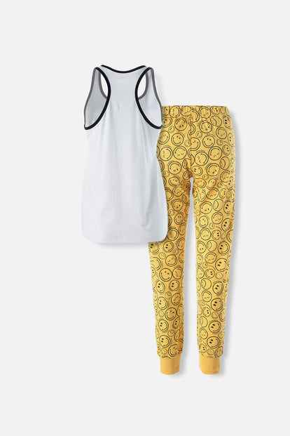  PIJAMA DE SMILEY BLANCA Y AMARILLA DE PANTALÓN LARGO PARA MUJER