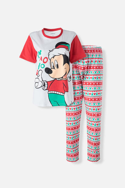  PIJAMA DE MICKEY MOUSE BLANCA, ROJA Y VERDE DE PANTALÓN LARGO PARA MUJER