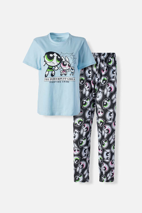 Card slide image -  PIJAMA DE LAS CHICAS SUPERPODEROSAS AZUL Y NEGRA DE PANTALÓN LARGO PARA MUJER