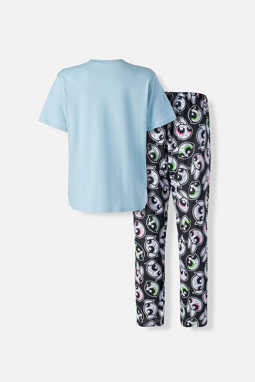 Card slide image -  PIJAMA DE LAS CHICAS SUPERPODEROSAS AZUL Y NEGRA DE PANTALÓN LARGO PARA MUJER