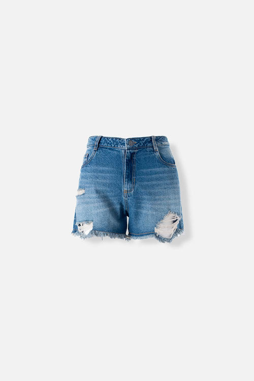 Card slide image -  SHORT DE MOVIES EN DENIM TONO MEDIO CON ROTOS PARA MUJER