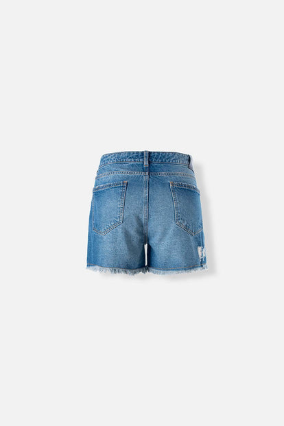  SHORT DE MOVIES EN DENIM TONO MEDIO CON ROTOS PARA MUJER
